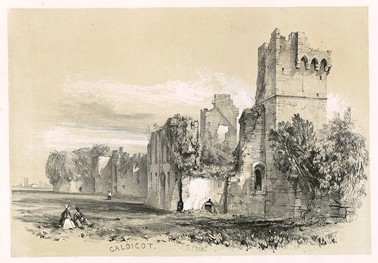 A view of the ruins of Caldicot Castle circa 1838 showing a man and a woman sitting in the foreground. Prout, J. S. (John Skinner).
