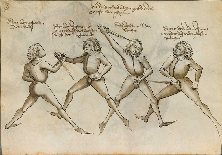 A a scan of the historical Fechtbuch ('fencing book') by German fencing master Hans Talhoffer.