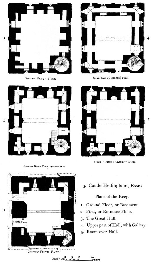 Floor plans of the keep from The Growth of the English House by John Alfred Gotch, 1909.
