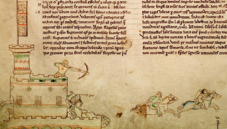 A 13th-century depiction of the Second Battle of Lincoln, which occurred at Lincoln Castle on 20 May 1217.