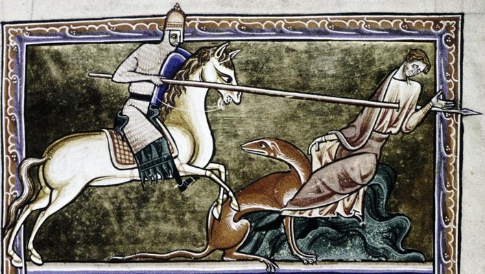 A mounted knight using a lance in The Ashmole Bestiary, which dates to 1200-1225. Peterborough, England.