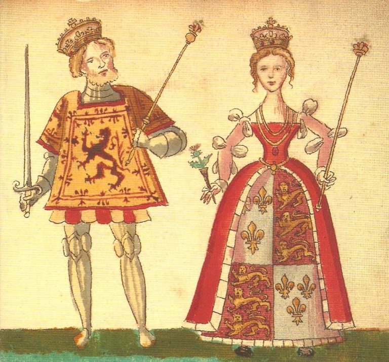 James I, King of Scotland 1406–1437, and his wife Joan Beaufort. Image source: Wikimedia.