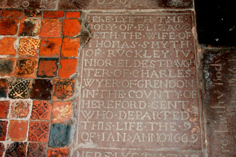 Acton Burnell Church tiles and inscription.