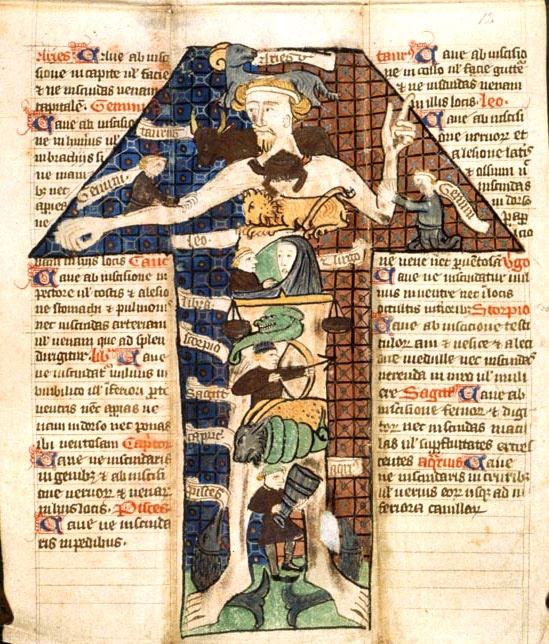 A Zodiac illustration from a medical almanac, 1399. The man’s pointing finger serves as a warning against the powerful forces of the stars.