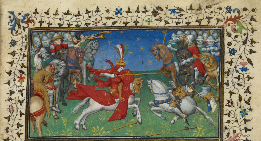 Alexander the Great jousting in a medieval manuscript ~ London, British Library, Royal MS 20 B, f. 53r