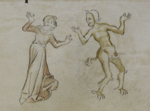 Scene of a young woman and a man, in the guise of a satyr, dancing together,