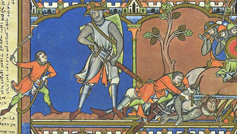 A depiction of greaves in the Trinity College Apocalypse manuscript's Goliath.
