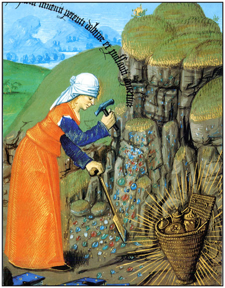 15th century painting, showing a miner. From the Mineralogical Record Museum of Art.