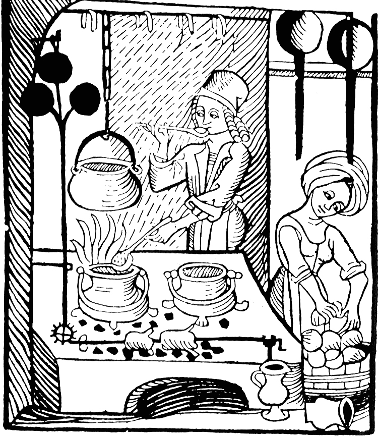 A cook at the hearth with his ladle; woodcut from the first printed cookbook in German, Kuchenmaistrey, 1485.