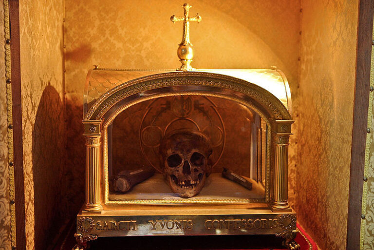 The reliquary and skull of Saint Ivo of Kermartin (St. Yves or St. Ives) (1253–1303), in Tréguier, Brittany, France