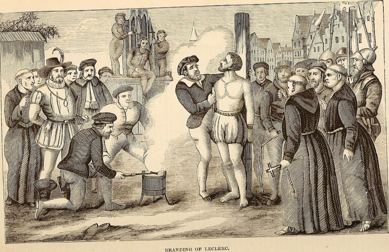 Branding of the Huguenot John (or Jean) Leclerc during the 16th century persecutions. Wikipedia.