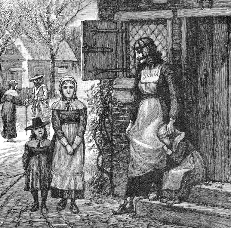 A branked scold in Colonial New England, from a lithograph in A Brief History of the United States, 1885. Wikipedia.