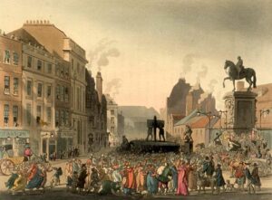 The pillory at Charing Cross in London, c.  1808.